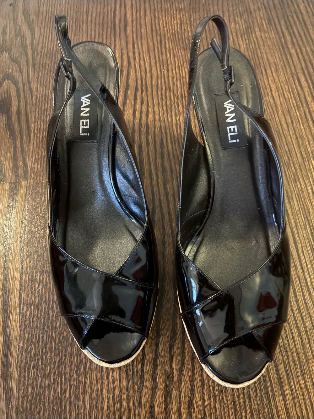 Vaneli Black Patent Slingback Peep Toe Wedge Sandals